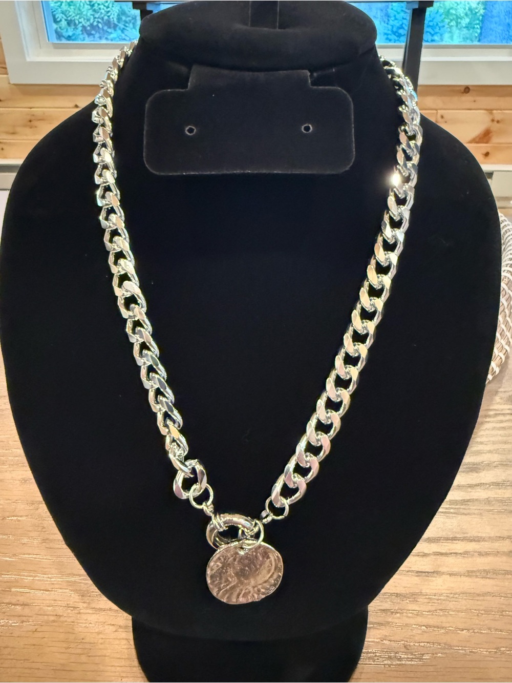 Silver-Tone Chunky Chain Necklace with Round Pendant by Anthropologie